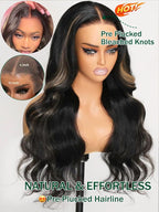 KLAIYI Bye Bye Knots Glueless Wig Human Hair 13x4 Balayage Highlight 3D Body Wave Precut Lace Front Wig with Baby Hair Black Mix Blonde Brown Pre Plucked Pre Bleached Knots Wig 30S Easy to Wear 26Inch