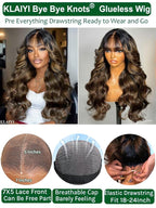 KLAIYI Ombre Brown Loose Body Wave Bye Bye Knots Glueless Precut 7x5 HD Lace Front Human Hair Bang Wig Drawstring Highlight Balayage Brown Pre Plucked Bleached 30S Ready to Wear and Go Wig 180% 24Inch
