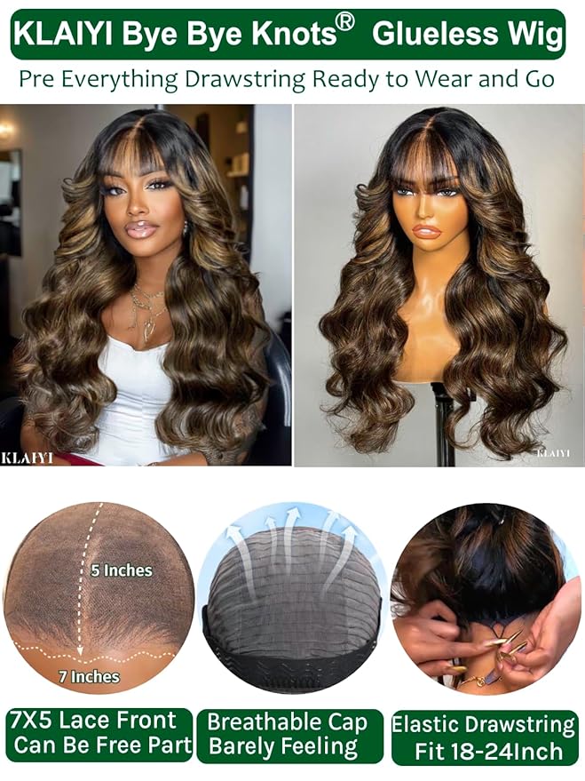 KLAIYI Ombre Brown Loose Body Wave Bye Bye Knots Glueless Precut 7x5 HD Lace Front Human Hair Bang Wig Drawstring Highlight Balayage Brown Pre Plucked Bleached 30S Ready to Wear and Go Wig 180% 14Inch