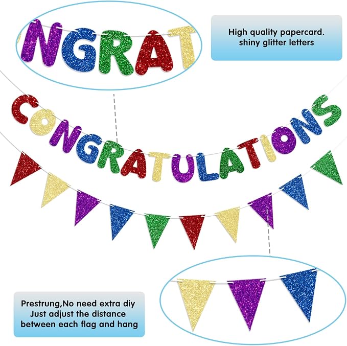 Multicolor Congratulations Banner Prestrung Glitter Congrats Banner - Image 5