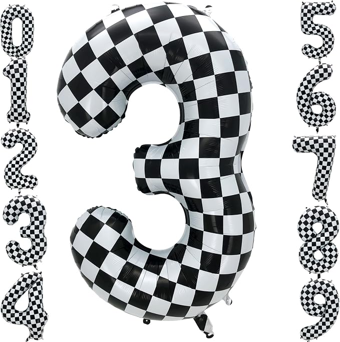 42 Inch Checkered Number Balloon 3, 3rd Race Car Flag Birthday Party Supplies by Eoopoon