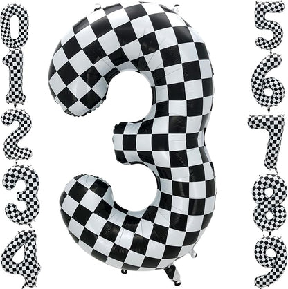 42 Inch Checkered Number Balloon 3, 3rd Race Car Flag Birthday Party Supplies by Eoopoon