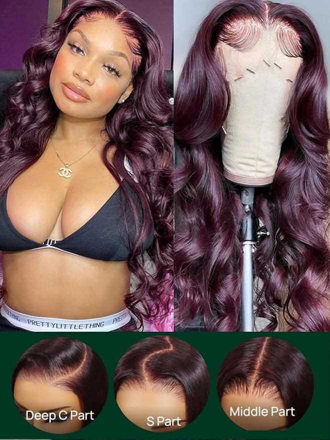 KLAIYI Black Cherry Loose Body Wave Pre Eeverything 13x4 Lace Frontal Wigs Human Hair Bye Bye Knots Glueless Ready to Wear and Go Wig with Face Framing Bangs Drawstring Pre Plucked Burgundy Wig 22Inch