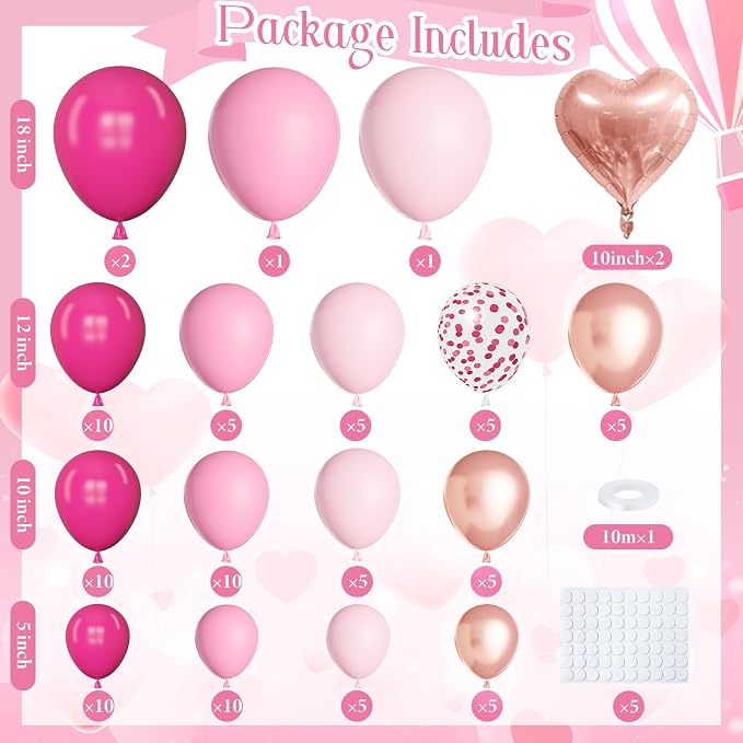 Pink Balloons Arch Garland Kit, Different Sizes Hot Pink Pastel Latex Metallic - Image 2