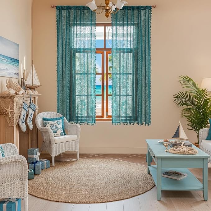 WAZZIO Boho Lace Curtains 63 Inches 2 Panel, Light Filtering Privacy Tassel & by WAZZIO