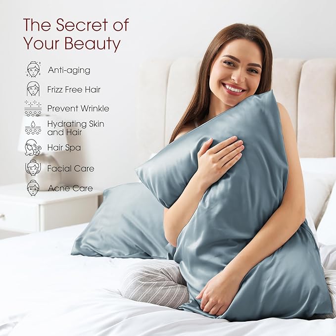 100% Silk Pillow Cases 2 Pack Queen Size Mulberry Silk Pillowcase for Hair and Skin Set of 2 Highest Grade 6A Silk Soft Breathable Cooling with Hidden Zipper, Grey Blue