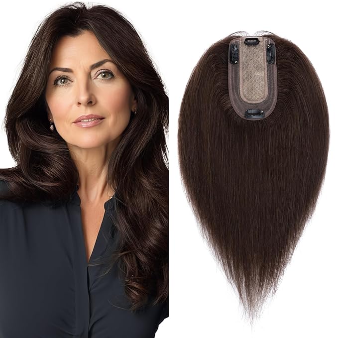 SEGO Real Human Hair Topper for Women, No Bangs Hair Topper with Anti-Slip Clips (12 Inch#2 Dark Brown)