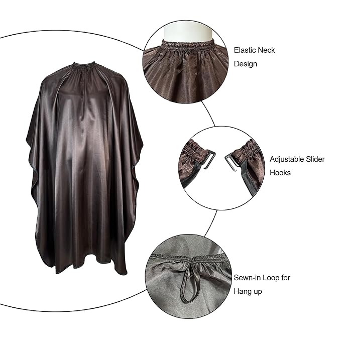 Salon Styling Capes for Clients, Hair Dye Cutting Capes with Elastic Hooks, Waterproof Light Weight Satin Sheen Styling Cape Barber Gown for Stylist, 63”*56”(Brown)
