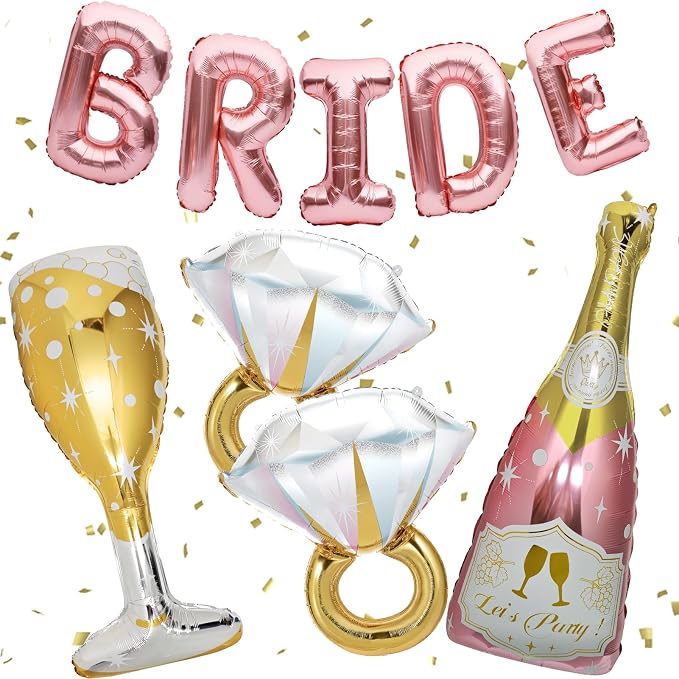 9 Pcs Bride Balloons, Huge Rose Gold Champagne Bottle Goblet Aluminum Foil by BSRESIN