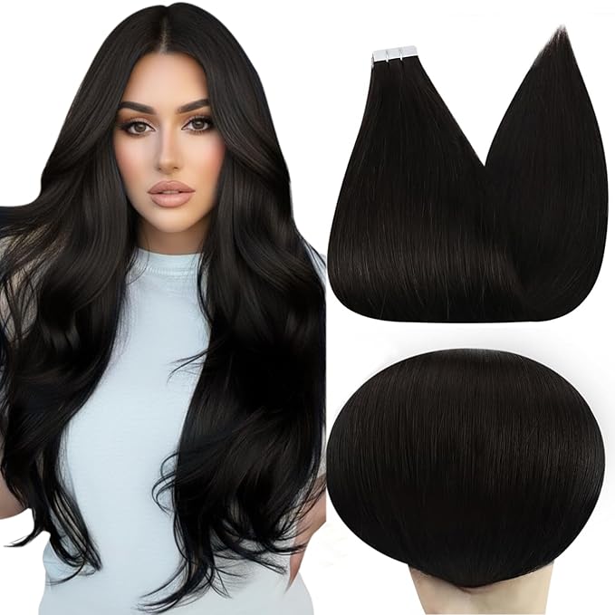 Full Shine Invisible Tape in Hair Extensions Human Hair 24 Inch Color 1B Natural Black Hair Extensions Double Sided Remy Tape ins Human Hair Extensions 20Pcs 50Grams Soft Tape in Extensions