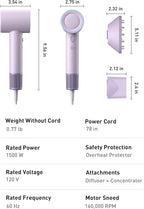 High-Speed Hair Dryer, 160,000 RPM Brushless Motor for Ultra-Fast Drying,500M Ionic Negative for Frizz Reduce, Low Noise Thermo-Control Blow Dryer with Diffuser for Curly Hair Women and Men,Purple