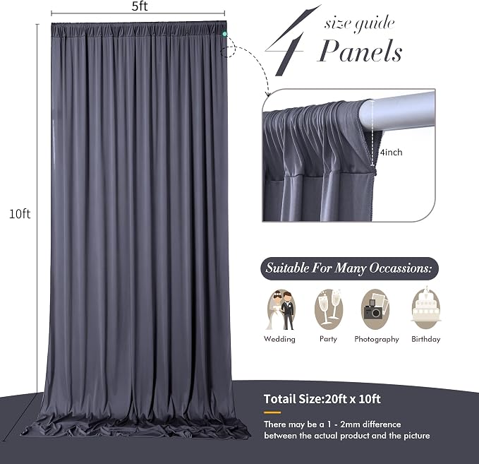 20 ft x 10 ft Wrinkle Free Charcoal Backdrop Curtain - Image 7