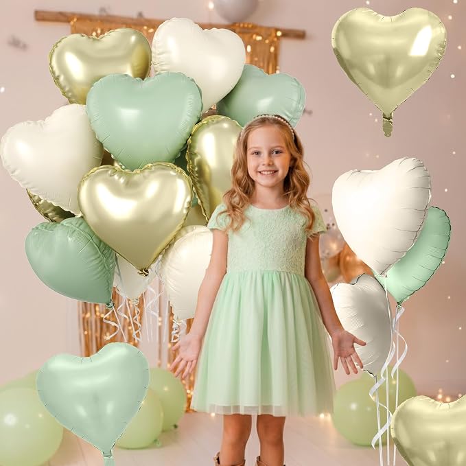 Sage Green Gold Heart Balloons, 18 Inch Olive Green Sand White Foil Balloons - Image 4