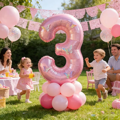 40 Inch Number Balloon Pink Large Mylar Foil Pink Number Balloons and Butterfly - Image 3