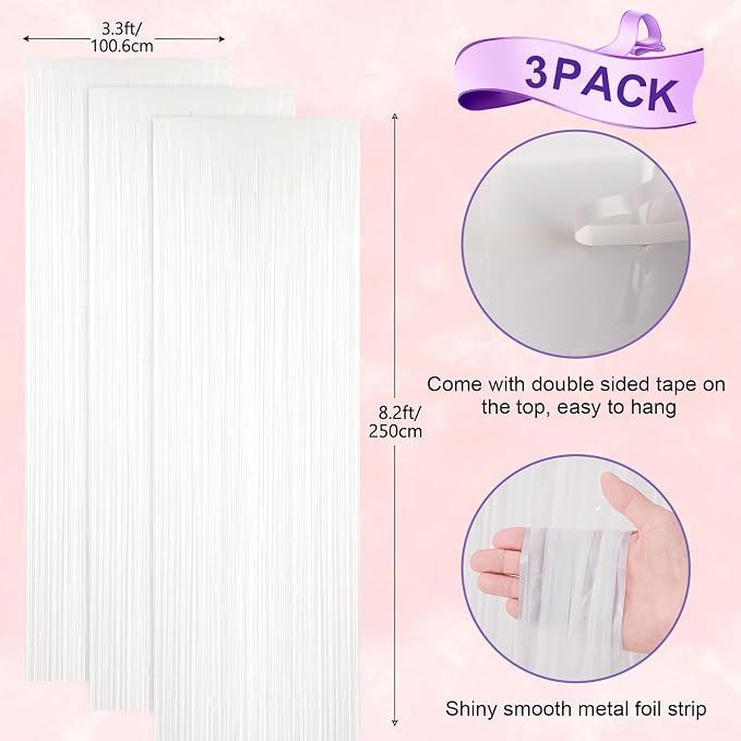 Voircoloria Pastel White Foil Fringe Backdrop Curtains, 3 Pack | Tinsel - Image 3