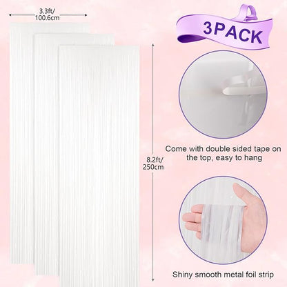 Voircoloria Pastel White Foil Fringe Backdrop Curtains, 3 Pack | Tinsel - Image 3