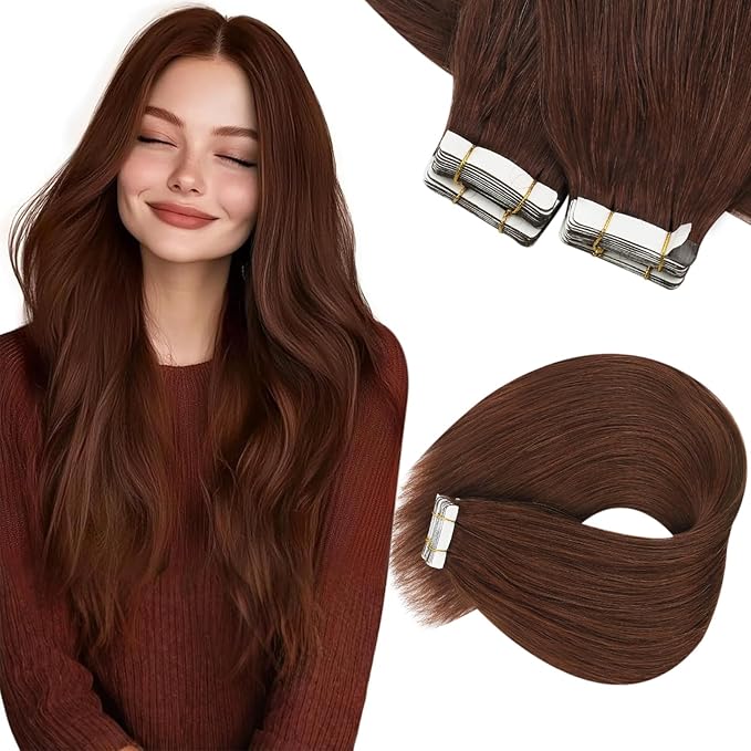 Sunny Hair Tape in Hair Extensions Human Hair, 12inch 40Pcs Auburn Brown Human Hair Tape in Extensions Remy Invisible Tape ins Human Hair Extensions Straight