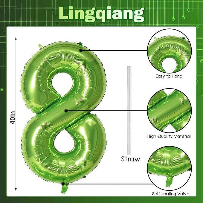 40 Inch Green Foil Balloon Number 8, Giant Self Inflating Number Balloons 0-9 - Image 2