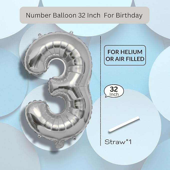 White Number Balloon 3 Mylar Foil Balloons 32 inch - Image 8