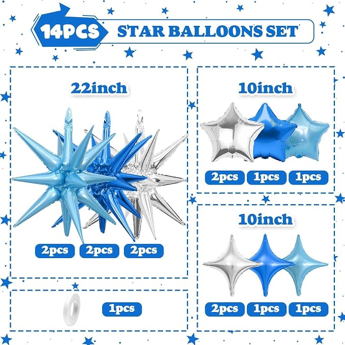 14pcs Blue Silver Star Balloons, Mixed Star Foil Balloon, 22Inch Explosion - Image 2