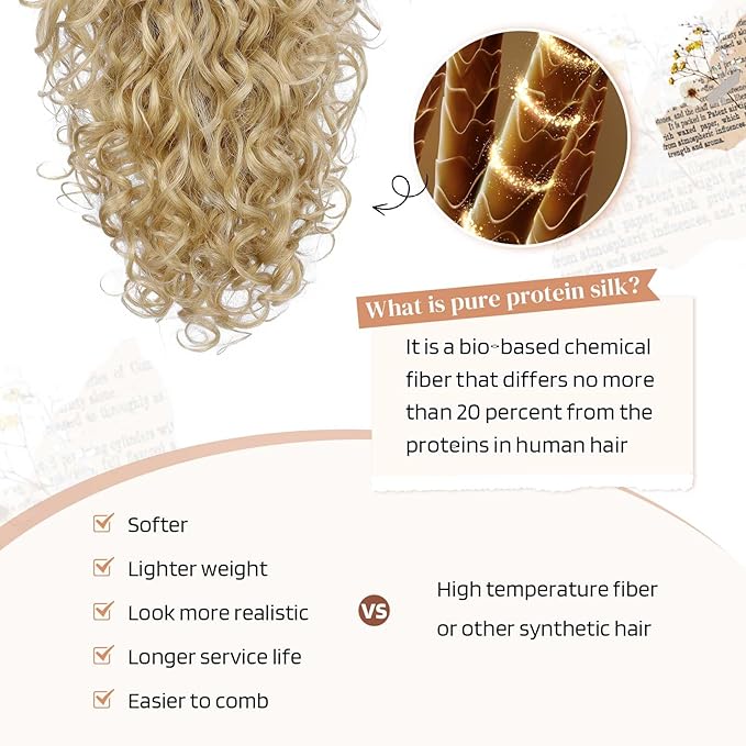 Flufymooz 100％ Pure Protein Ponytail Extension, 18 Inch Curly Claw Clip Ponytail Hair Extensions Natural Soft pony tail hairpiece for women-Deep Blonde with Ash Blonde Highlights