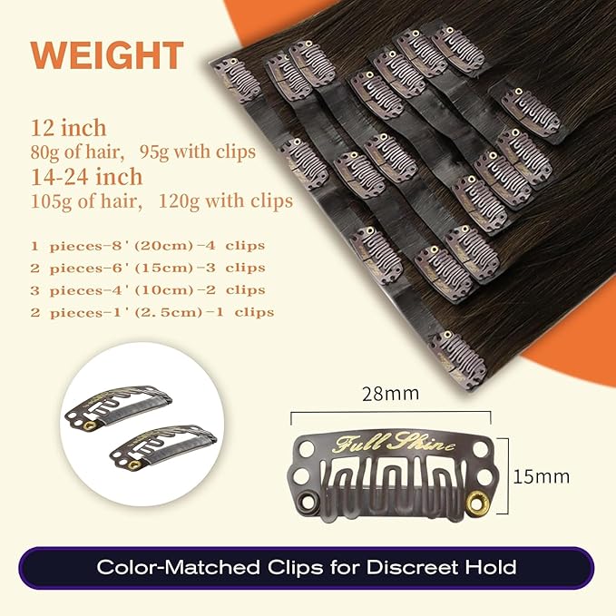 Full Shine Seamless Hair Extensions Clip in 20 Inch Clip in Extensions Ombre Dark Brown to Light Brown with Honey Blonde Thick Ends Human Hair Softness 8 PCS 120 G