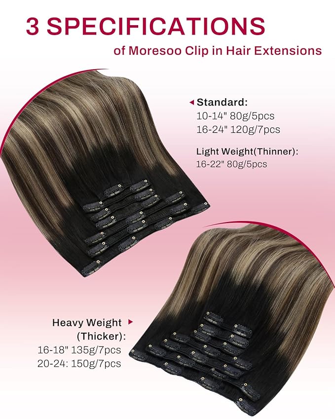 Moresoo Black to Brown Ombre Clip in Hair Extensions Real Human Hair Balayage Natural Black to Medium Brown with Dark Blonde Hair Clip Extensions for Women Short Double Weft 80g/5pcs 14 inch