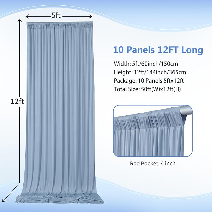 50ft×12ft Wrinkle Free Dusty Blue Backdrop Curtain - Image 3