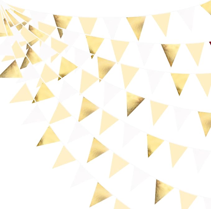 White and Gold Party Decorations Gold Beige White Fabric Triangle Pennant by pinkblume
