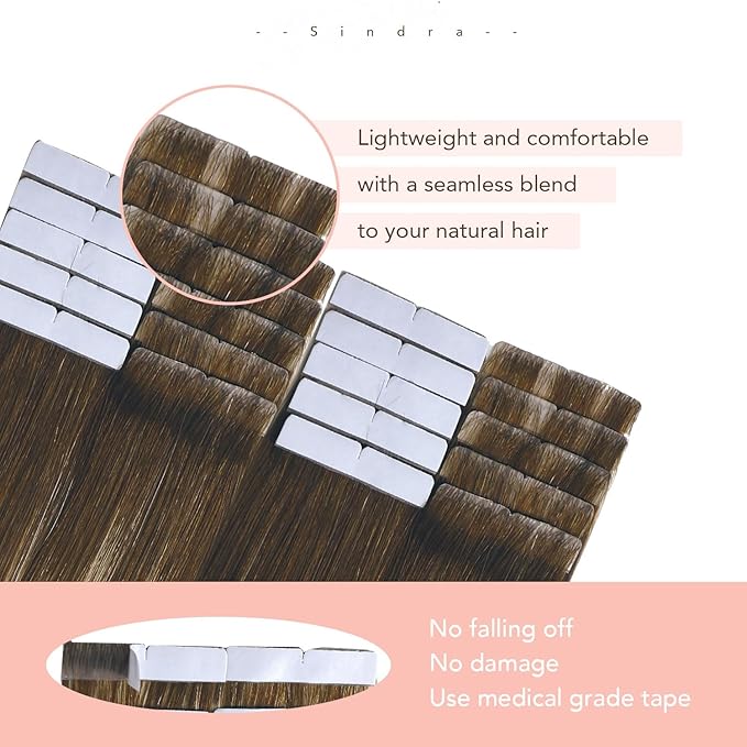 Sindra Invisi Edge Tape in Hair Extensions Human Hair 22 Inch 60g 20pcs Seamless Tape-ins Invisible Extensions Walnut Brown to Ash Brown and Blonde Straight Natural Looking