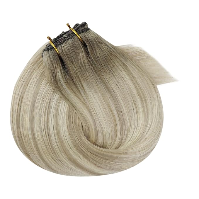 Ve Sunny Clip in Hair Extensions Balayage Remy Human Hair Clip in Extensions Full Head Ash Grey Ombre Platinum Blonde Straight Real Hair Extensions for Women 7pcs 120g 16 inch