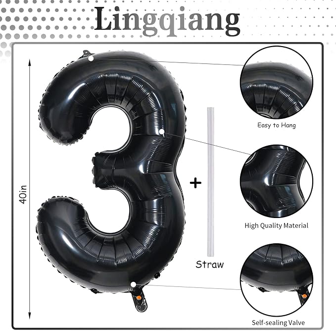 40" Black Number 3 Balloon for Birthday Party Decorations, Large Self Inflating - Image 2