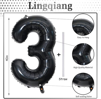 40" Black Number 3 Balloon for Birthday Party Decorations, Large Self Inflating - Image 2