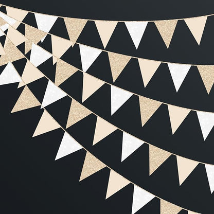 Champagne Gold Beige White Party Pennant Banner Flag Hanging Glitter Paper by pinkblume