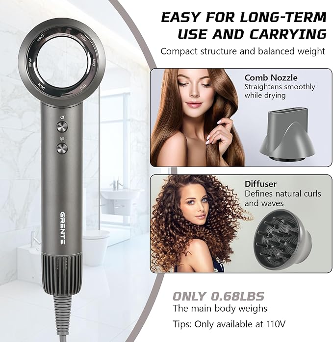 Hair Dryer with Diffuser,110000 RPM Blow Dryer with Magnetic Diffuser & Concentrator,4 Heat Settings & 3 Speed, Lightweight Ionic Hair Dryer for Women and Men