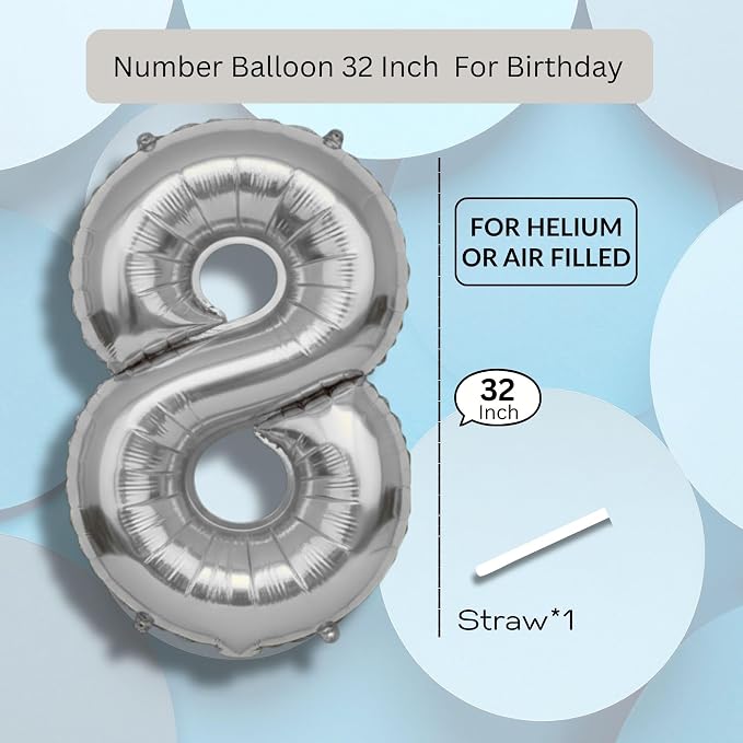 White Number Balloon 8 Mylar Foil Balloons 32 inch - Image 6
