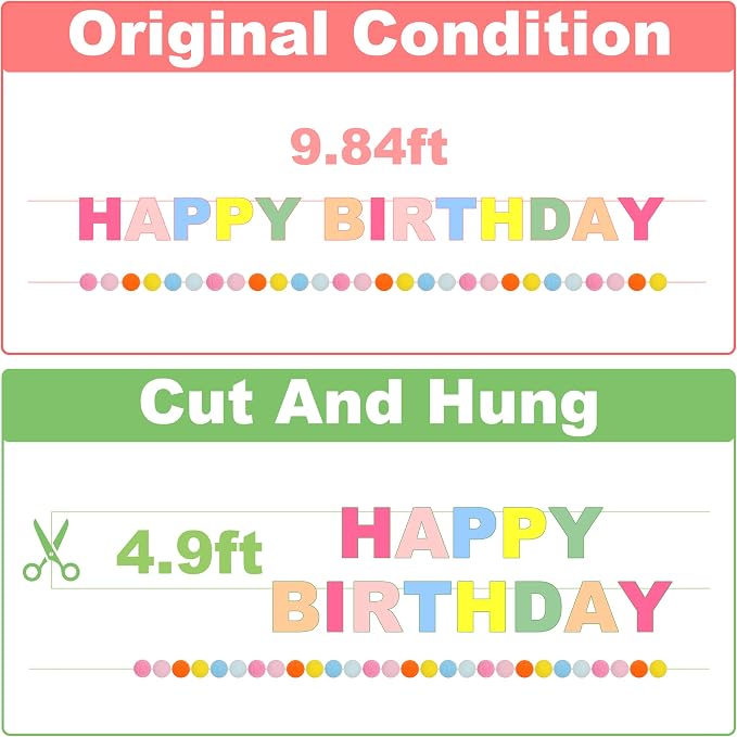 2-PCS Pre-Strung 3D Felt Happy Birthday Banner, Macaron Birthday Decorations | - Image 3
