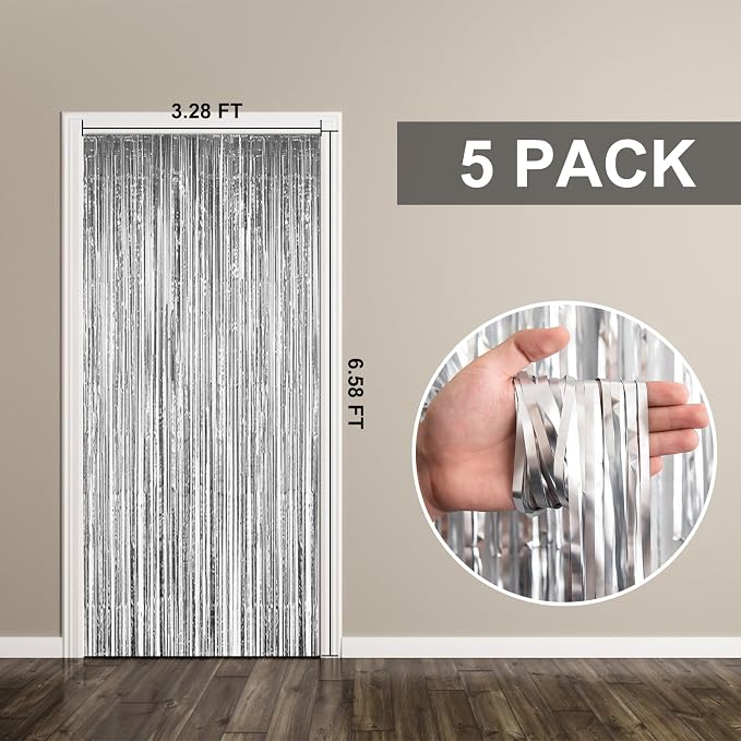 5 Pack Foil Curtain Backdrop Silver Metallic Tinsel Foil Fringe Curtains Photo - Image 7