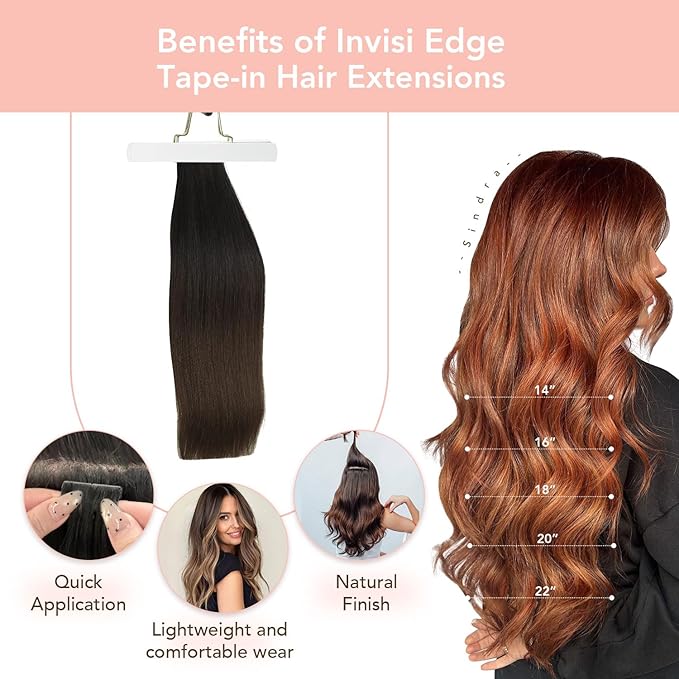 Sindra Invisi Edge Tape in Hair Extensions Human Hair, 20 Inch 55g 20pcs Natural Black to Medium Brown Invisible Extensions Natural Straight Seamless Injected Tape Ins