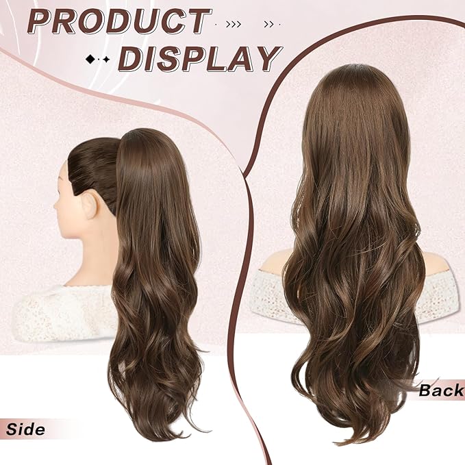 Ponytail Extension, Drawstring Ponytail Extension for Women 23 Inch Long Wavy Light Brown Pony Tails Hair Extensions Synthetic Clip in Ponytail Hairpiece for Women