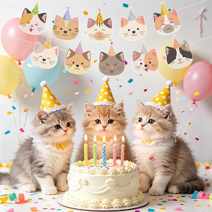 Hooqict Happy Birthday Banner Cat Birthday Decorations Party Banner Garland Sign - Image 8