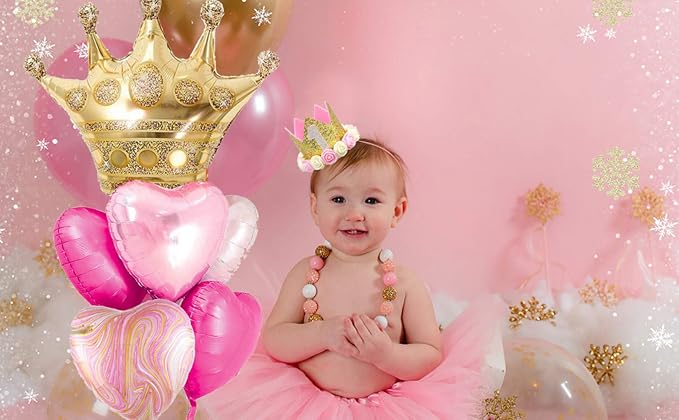 Pink Balloons Birthday Decorations，Gold Crown Princess Foil Balloons Set - Image 3