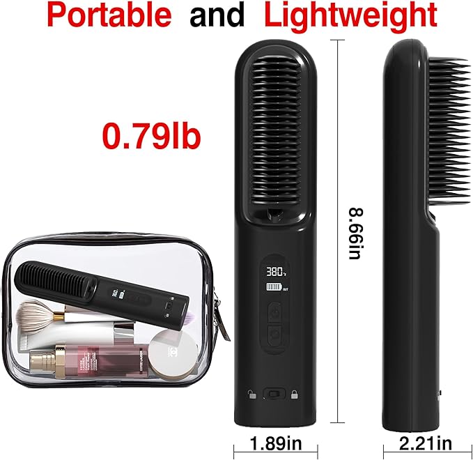Hair Straightener Brush Cordless, 30s Fast Heating 300Million Negative Ions Hair Straightening Comb Frizz-Free with 6 Temps, 10000mAh Rechargeable Battery Portable for Women Travel Quick Touch-ups