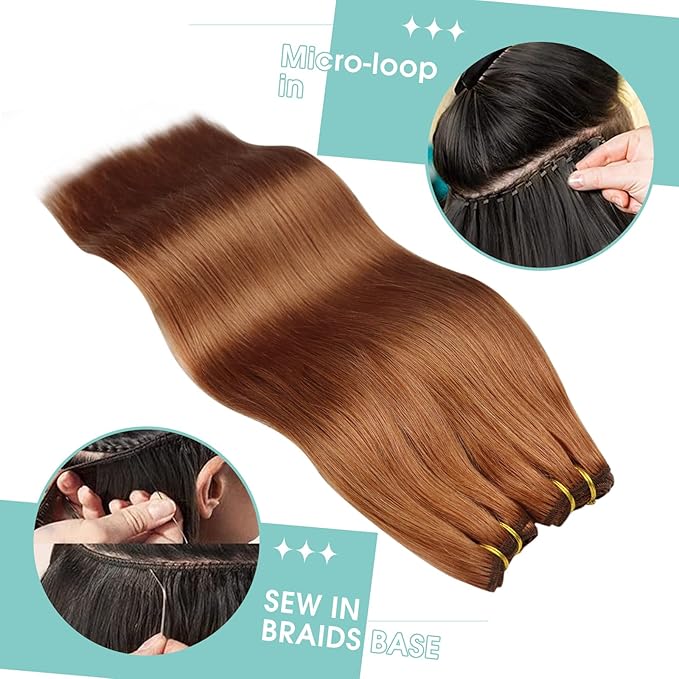 YoungSee Sew in Extensions Copper Weft Hair Extensions Colorful Human Hair Weft Extensions Light Copper Long Straight Hair 100G 24Inch