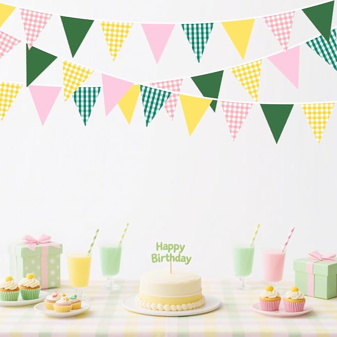 32Ft Camp Bride Party Decorations Pink Green Yellow Gingham Fabric Triangle - Image 4
