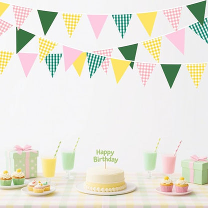 32Ft Camp Bride Party Decorations Pink Green Yellow Gingham Fabric Triangle - Image 4