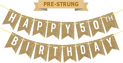 Netnology Pre-Strung Gold Glitter 50th Happy Birthday Banner Decorations | 12 by Netnology