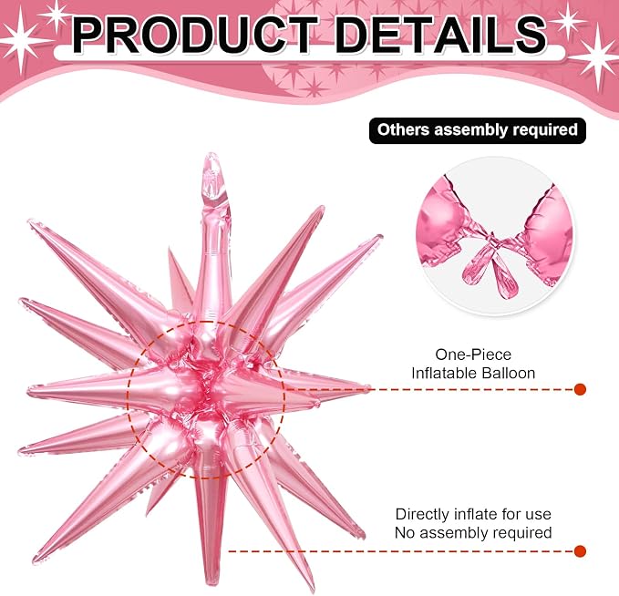 9Pcs Pink Star Balloons, Large Explosion Star Foil Balloons, Metallic Pink - Image 3