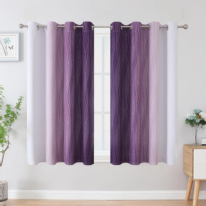 Purple and Greyish White Blackout Curtains 45 Inch Length, Light Blocking - Image 2