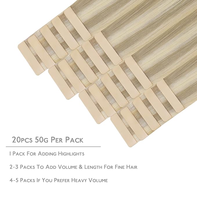 WENNALIFE Tape in Hair Extensions Human Hair, 20pcs 14 inch 50g Ash Blonde to Golden Blonde and Platinum Blonde Remy Tape Hair Extensions Real Human Hair Tape Extensions Coloured Hair Extensions
